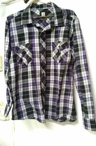 OP  Mens Shirt Purple Black  Button Up Western Plaid Pocket Sz L/44